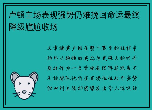 卢顿主场表现强势仍难挽回命运最终降级尴尬收场 卢顿主场表现强势仍难挽回命运最终降级尴尬收场